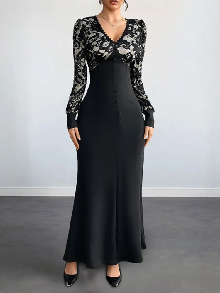 

Women's Dress 2025 New Gorgeous Style Party Date Sexy Retro Style V-Neck Lace Patchwork Long Sleeved Dress Vestidos Para Mujer
