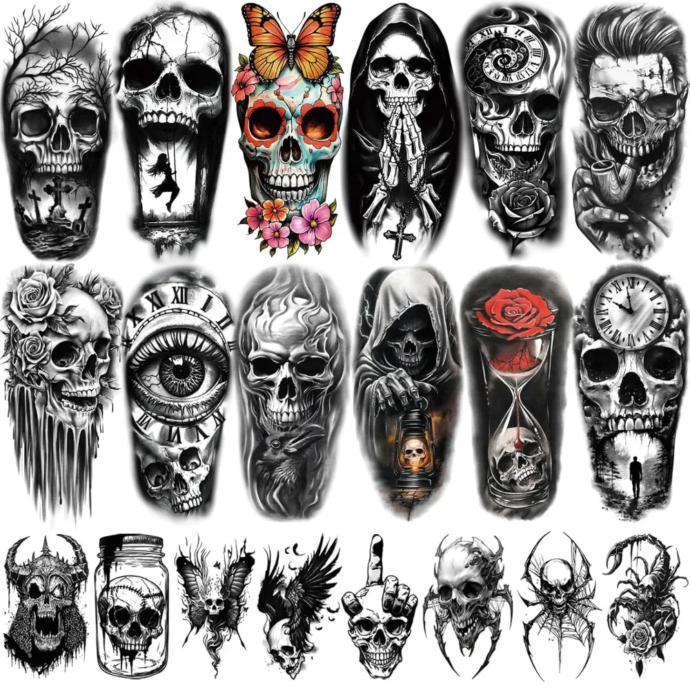 

Halloween Temporary Tattoo Male and Female Adult, Skull Death Skull Cross Bone Moth Demon Demon Cross Half Arm Fake Tattoo