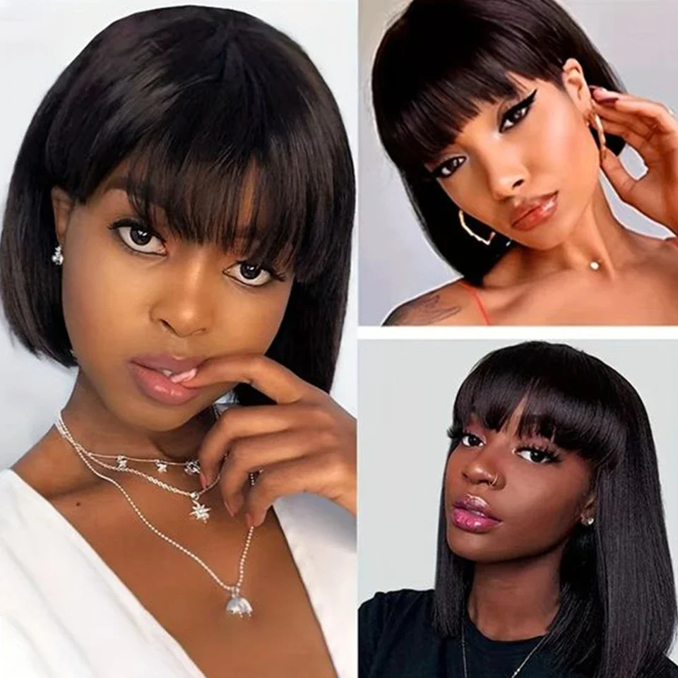 Short Bob Wig With Bangs Bone Straight Human Hair Wig With Bangs 3x1 Middle Part Lace Wig With Bangs For Woman Choice