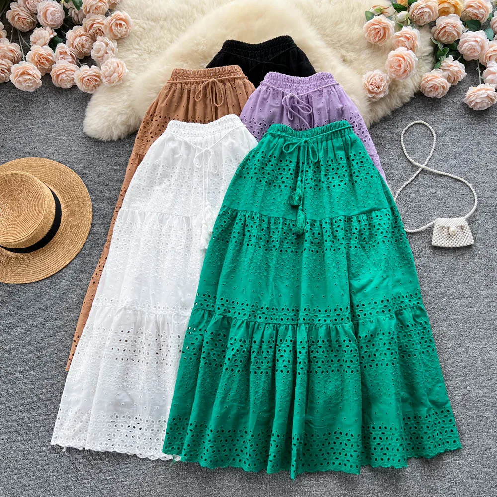 

Vintage Hollow Out Lace Embroidery Hook Floral Cake Skirt Women Belt High Waist Slim Sweet Match All Holiday Fairy A-line Skirt