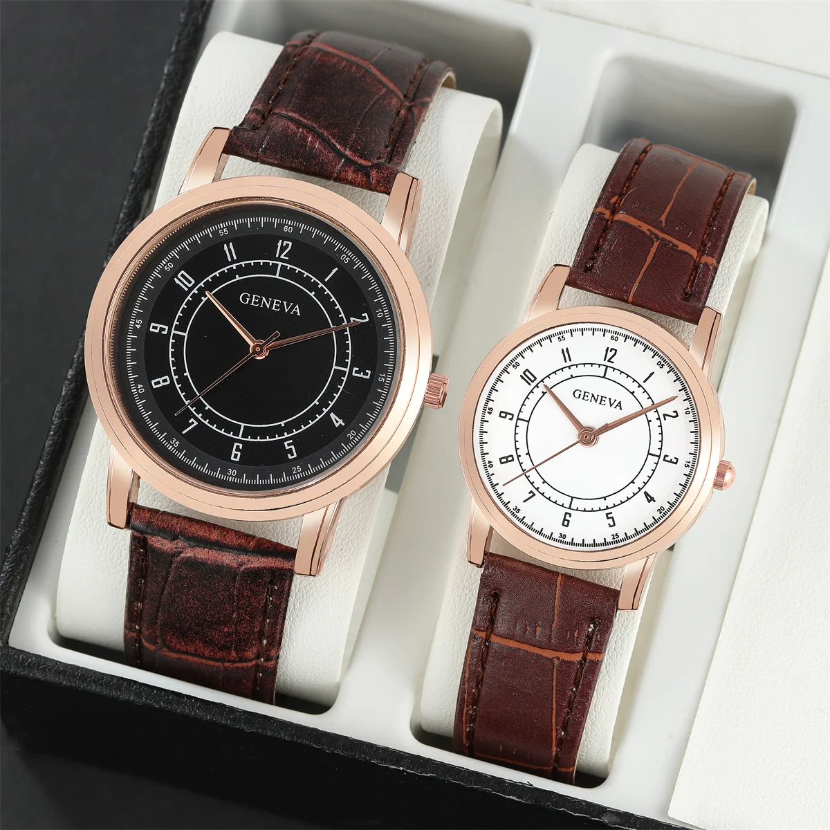 2PCS Fashion Couple Set Watches Luxury Men Women Business Casual Leather Quartz Watch Simple Brown Wristwatch