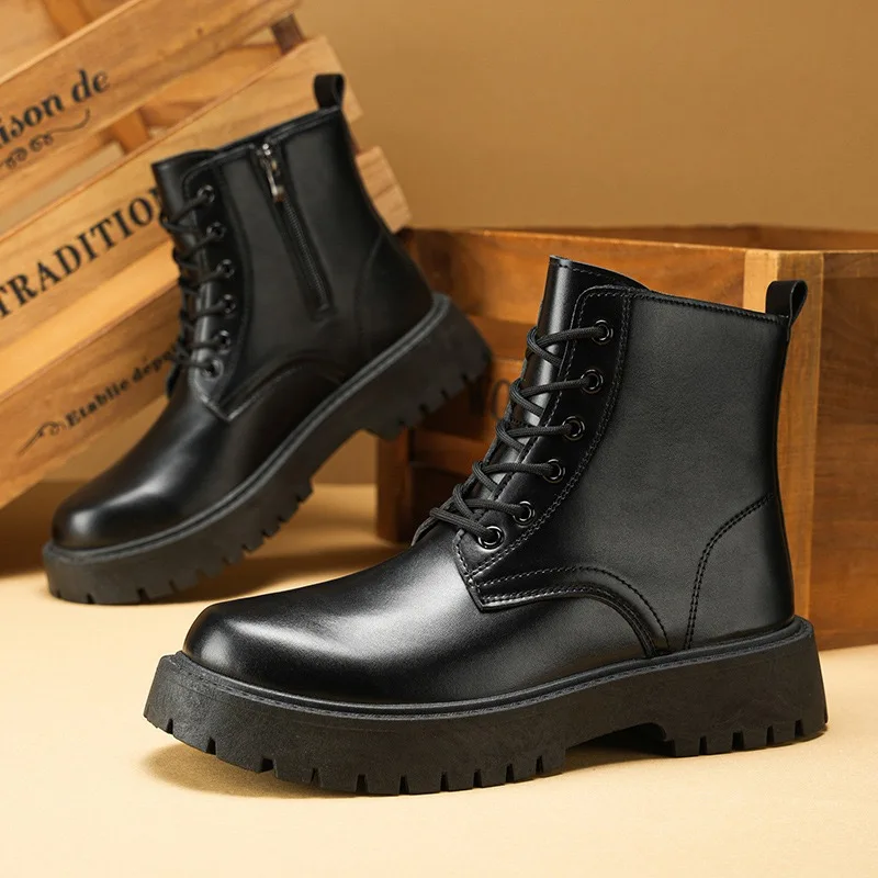 

Men's High Top Leather Boots Outdoor Waterproof Casual Boot Fashion Motorcycle Ankle Boots for Men Lace Up Platform Boots Botas