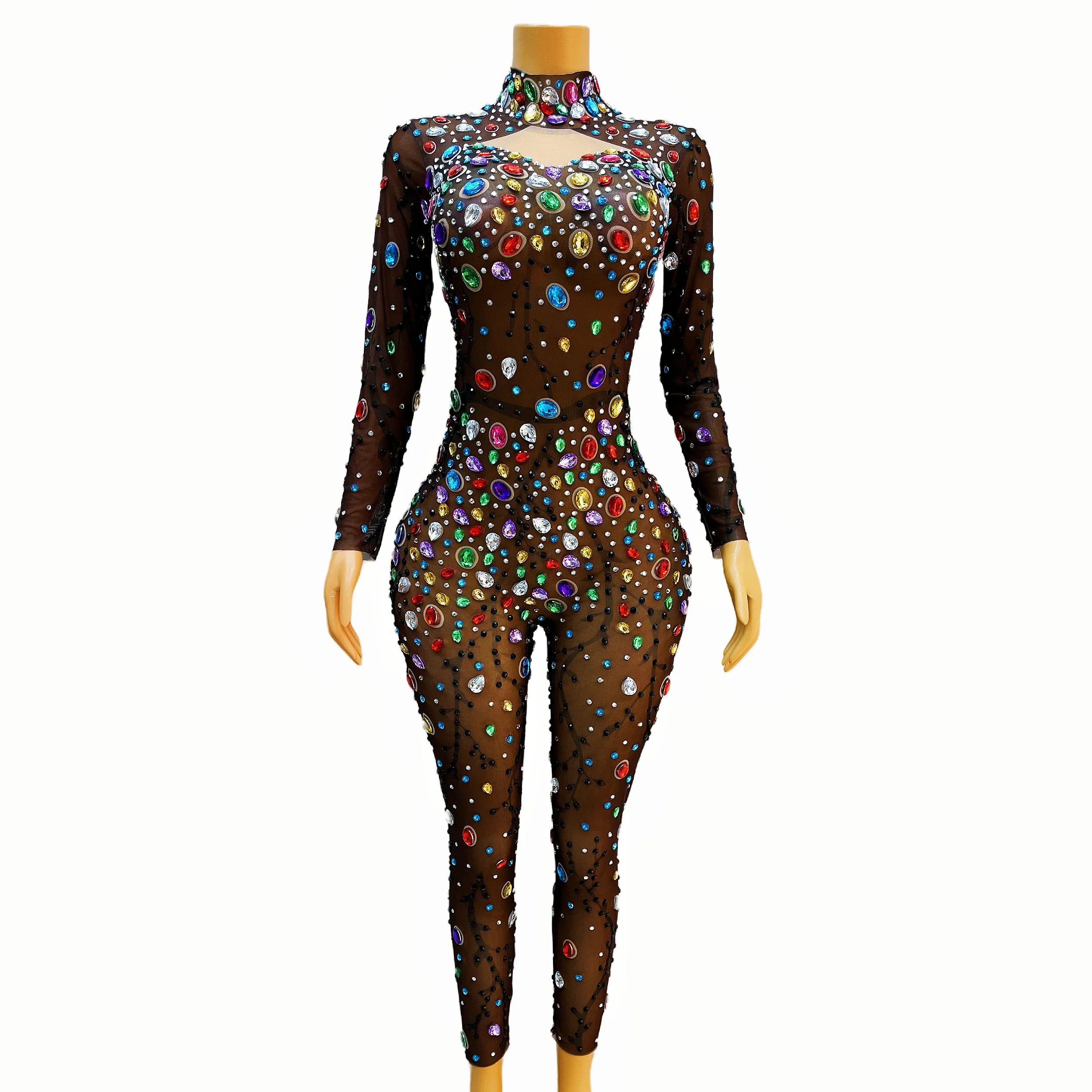 Colorful Big Rhinestones Brown Mesh Bodysuit  Dance Performance Costume Evening Birthday Celebrate Sexy Jumpsuit Outfit