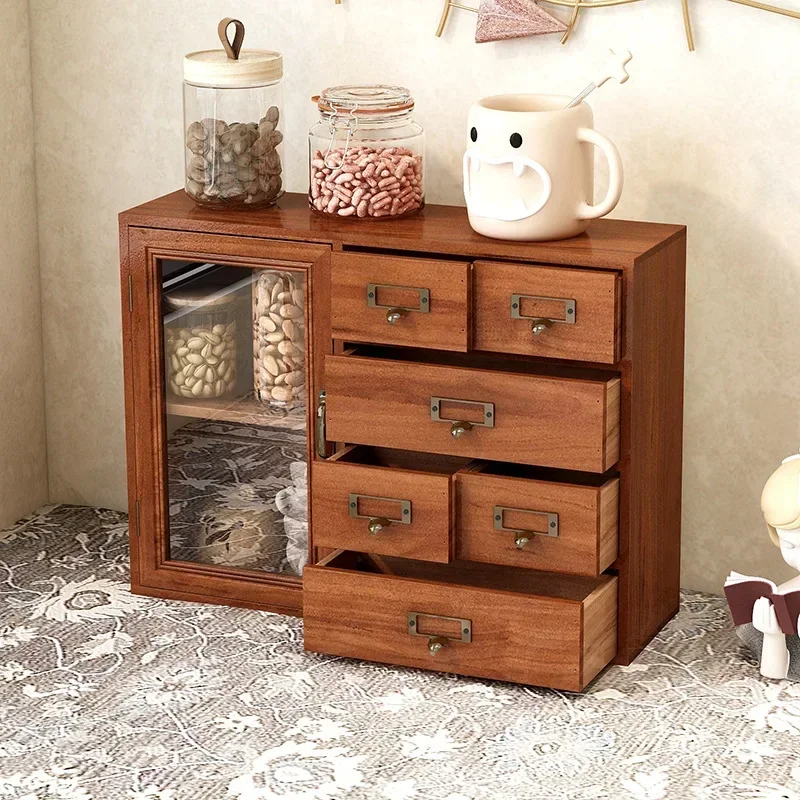 Factory direct sale Minimalist Durable Solid wood drawer tea storage box desktop jewelry box transparent storage cabinet