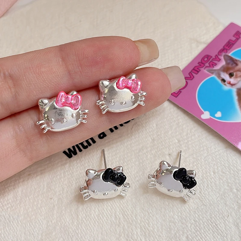 1Pair Kawaii Sanrio Hello Kitty Earrings Cute Cartoon Stud Earrings For Women Girls Trendy Party Jewelry Accessories Gift