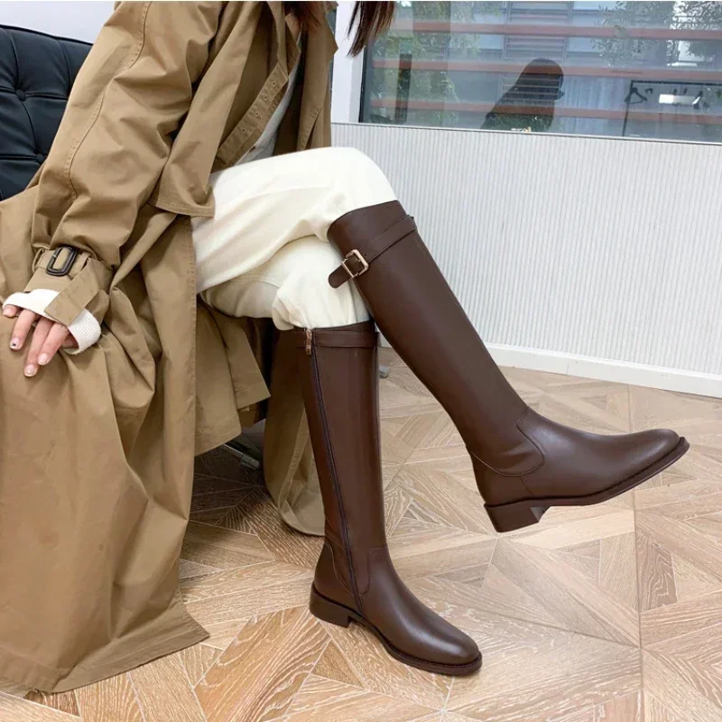 

Women Low Heeled Knee High Boots Autumn Winter New Design Soft Leather Knight Boots Fashion Round Toe Warm Botas Botas De Mujer