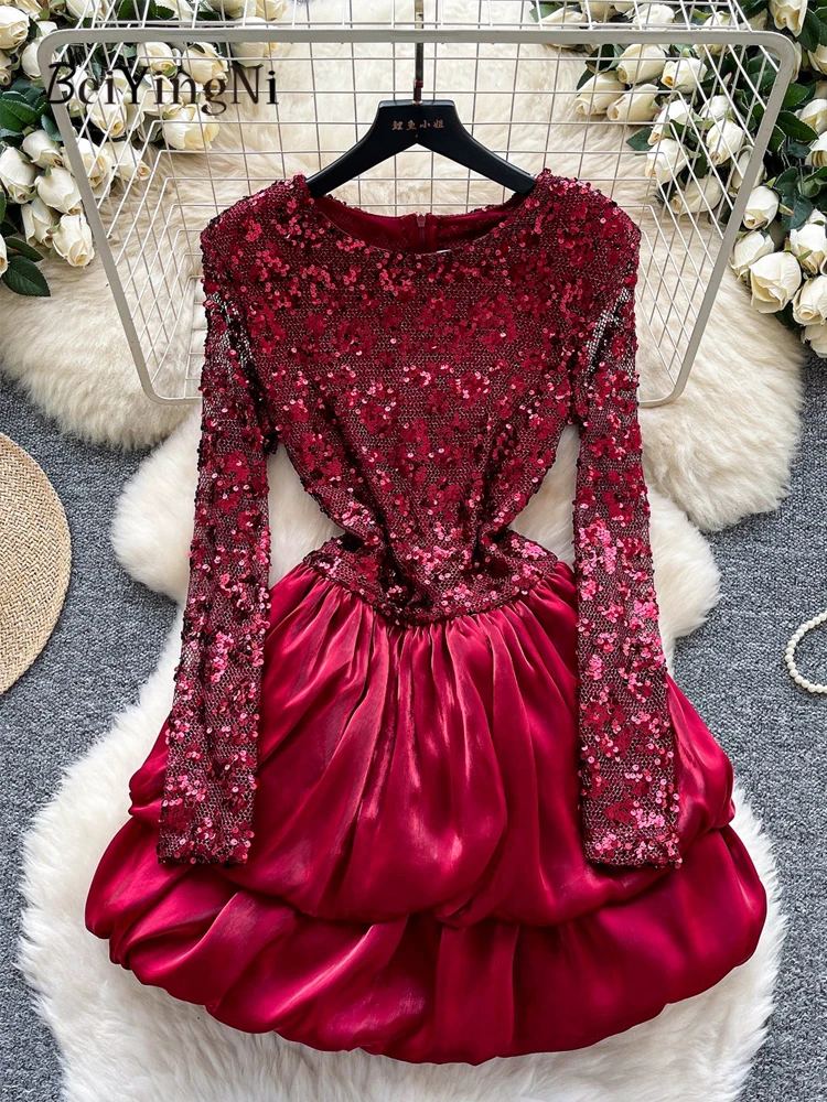 

Beiyingni 2026 Senior Classy Fit And Flare Dress Women Sequined Slim Waist Tiered Long Sleeve Dresses Female Luxury Prom Robes