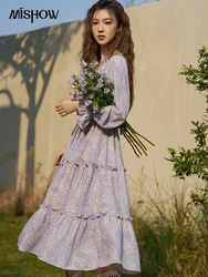 MISHOW-Robe longue à motif floral français pour femme, taille haute, ligne A, col en V, manches évasées, violet, MXC14L1276, printemps/été