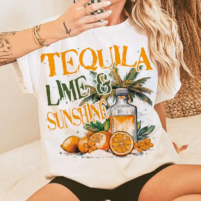 Tequila Lime & Sunshine Funny Summer Cinco De Mayo Adult Humor Drinking Funny Summer Time Shirts for Women Graphic T Shirts