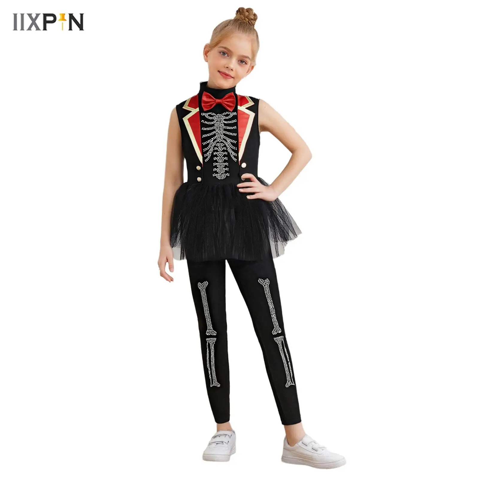 

Girls Circus Costume Jumpsuit Rhinestones Sleeveless Bow Tie Waist Puffy Mesh Overlay Rompers for Halloween Cosplay Themed Party