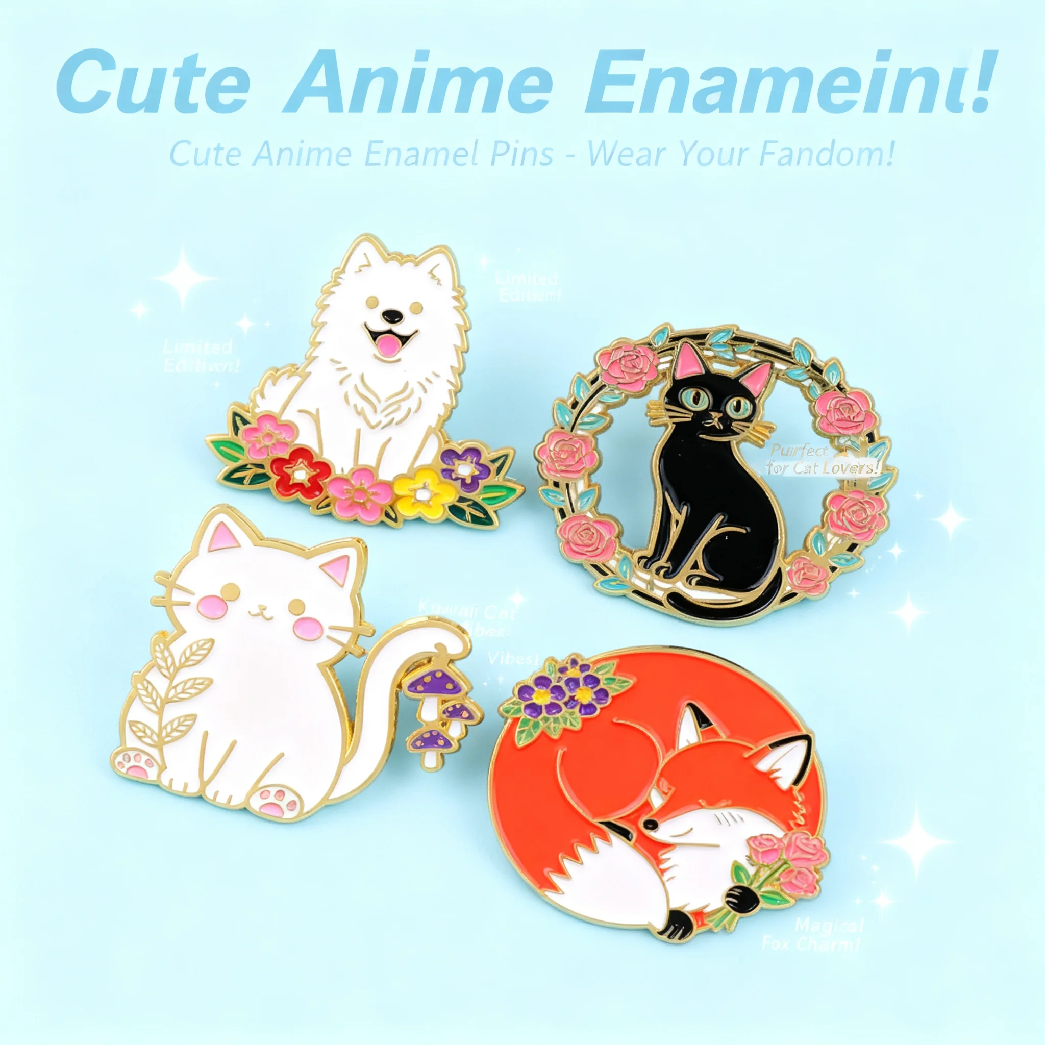 

Набор из 4 милых эмалевых значков: лисы, собачки, кошки. Броши для шляп и лацканов, аксессуары для косплея, игрушки, подарки для рюкзаков и курток.