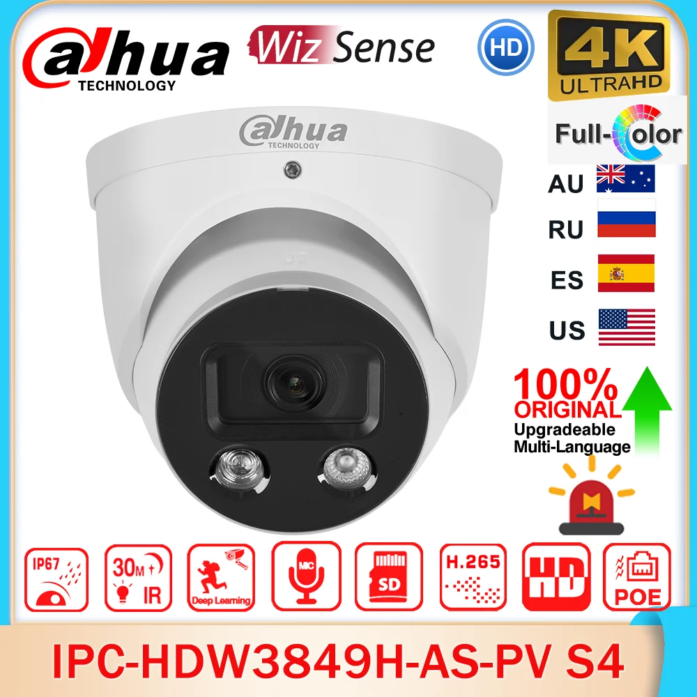 

Dahua Original IPC-HDW3849H-AS-PV S4 8MP 4K Smart Dual Light Active Deterrence WizSense Network POE IP Camera Full Color Audio