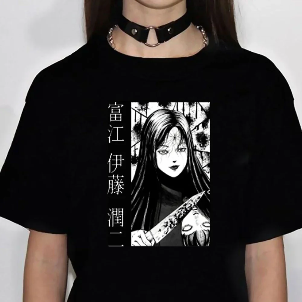 Women Junji Ito Top Designer T-shirts Girl 2000s Funny Harajuku Clothing Printed Women\'s T-shirt Harajuku Short Sleeve Black