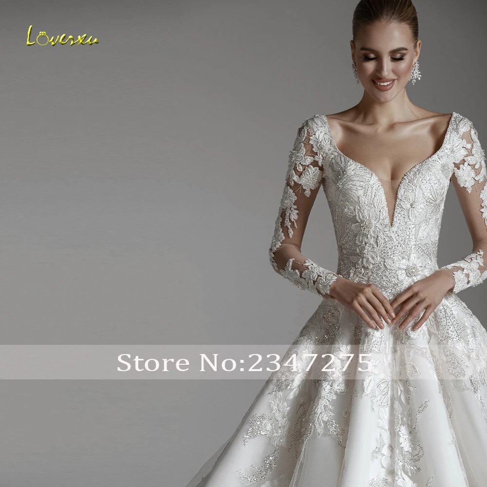 Loverxu a linha chique vestidos de casamento com decote em v manga longa vestido de novia rendas apliques sem costas delicado feito sob encomenda vestido de noiva