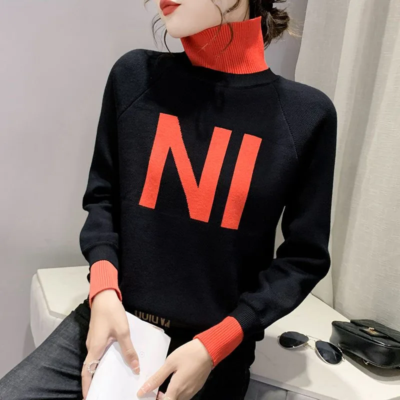 2023 NEW Autumn AND Winter Half High Collar Contrast Fashion Trend Casual Versatile Long Sleeve Letter Women's Style Sweater