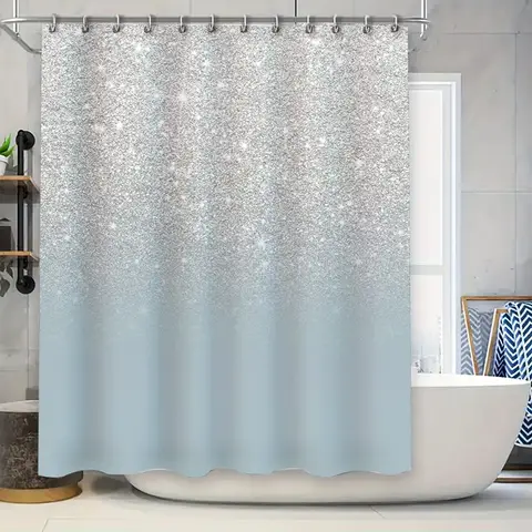 Modern Bathroom Decor Shower Curtain Set Sparkly Blue Ombre Design for Bathrooms Durable Polyester Fabric Easy Installation with