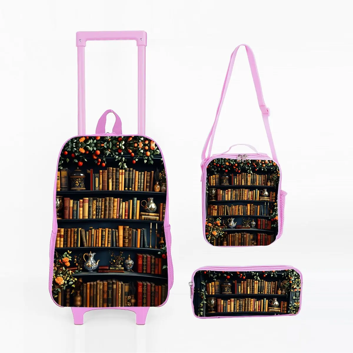 

Набор сумок на колесиках с принтом книжной полки и ланч-боксом, сумка для ручек с колесами, школьная тележка, рюкзак, сумка для девочек/мальчиков
