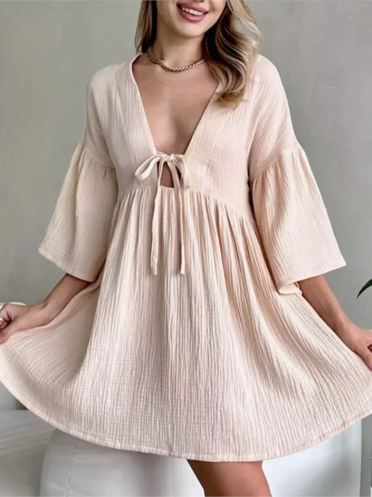 

Casual Pajamas Nightgown Dress Dresses 2025 Woman Vestidos Loose Homewear Home Clothing Solid Color V-link Three Quarter Sleeves