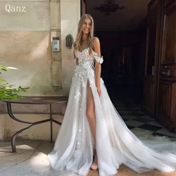 Qanz-vestidos De Novia con abertura alta para mujer, vestidos De Novia con mangas, escote Corazón, espalda abierta, batas De encaje delicadas, 2024