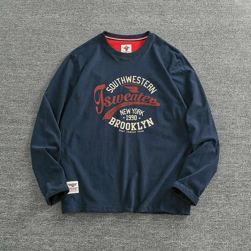 Autumn New American Retro Long-sleeved O-neck Letter Printed T-shirt Men's Fashion Simple 100% Cotton Washed Casual Sport Tops image 3