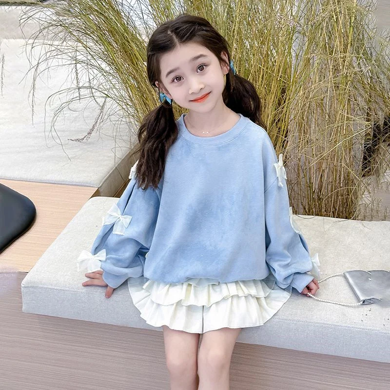 Girls Sweet Sweatshirt Spring Bow Tops Autumn New Fashion Cute Pullover 2025 Children Long Sleeve Casual Clothes 3-14 Years Old