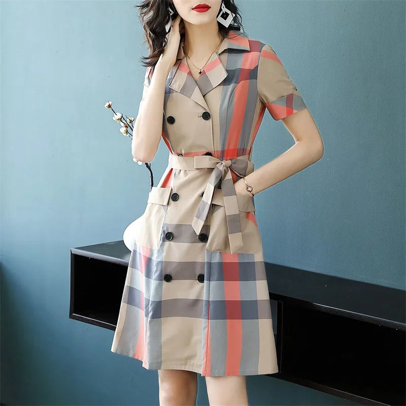 2023 Summer New Women\'s Fashion Patchwork Plaid Shirt Skirt Showing Thin Loose Temperament Long-sleeved Dress Female Lace-up XZ2