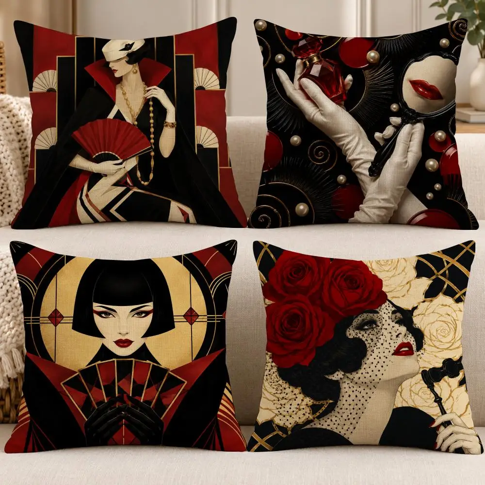 Art Retro V-Vintage Elegant Lady Cushion Cover Soft Short Cover Washable Sofa Bed Dorm Garden Home Office Chair Decor