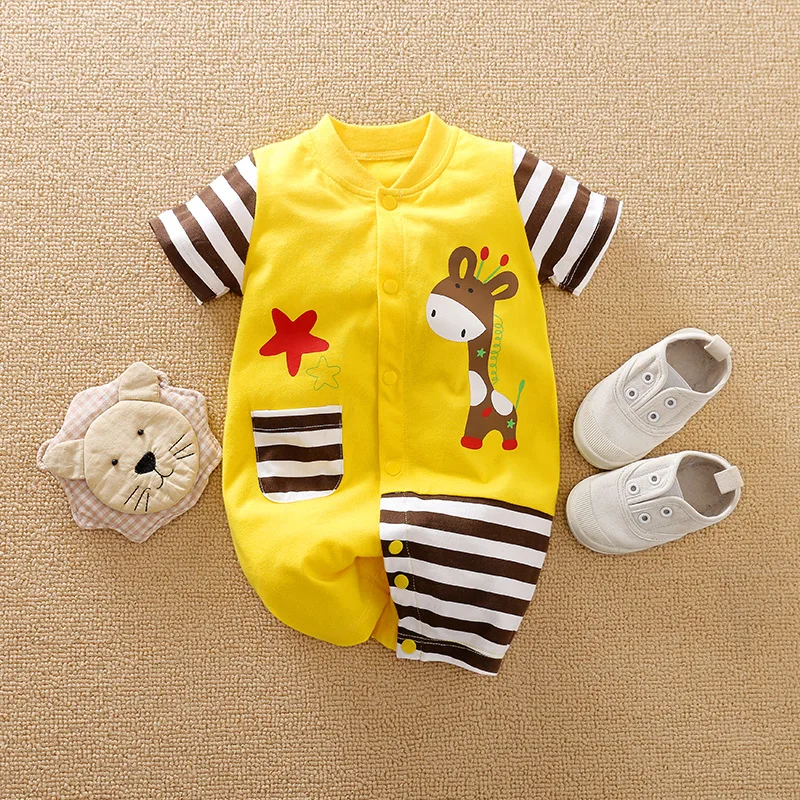 Summer Boys And Girls Cute Cartoon Giraffe Printed Cotton Comfortable Short Sleeve Bodysuit