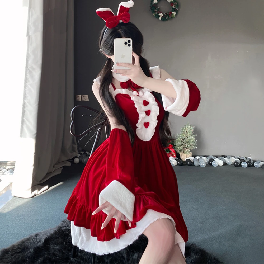 Lolita Maid-Robe de Noël en velours rouge et rose pour femme, costume de cosplay du père Noël, uniforme de lapin pour fille, robes de soirée à volants en fausse fourrure