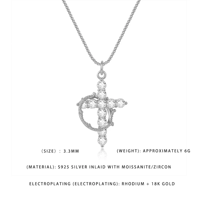 

S925 Silver Rhodium 18K Gold Plated Cross Necklace - 3.3mm Moissanite Zircon Religious Pendant Jewelry for Women