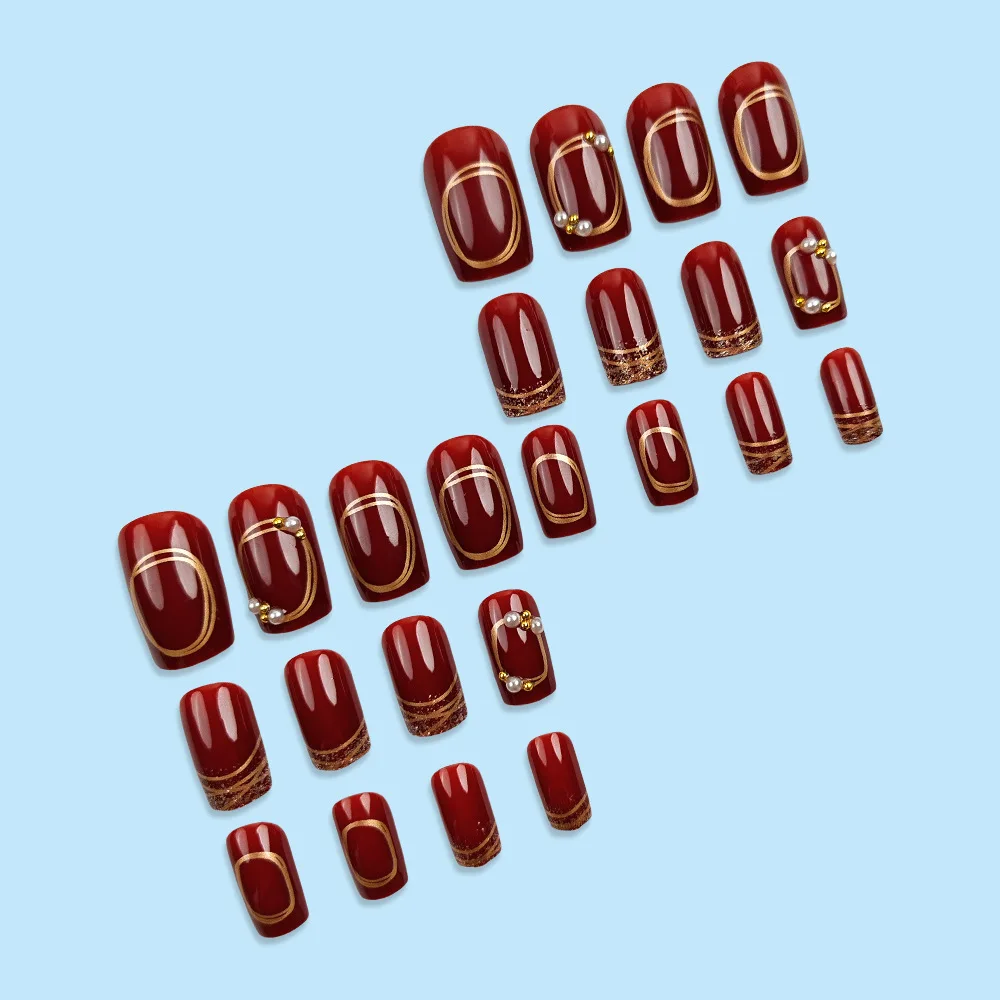 เล็บปลอมแบบกดติดลายปลายฝรั่งเศสสีทองประกายมุก ประดับมุกและคริสตัล สีเบอร์กันดี พร้อมกาวติดเล็บปลอมแบบเต็มแผ่น สำหรับผู้หญิง 24 ชิ้น