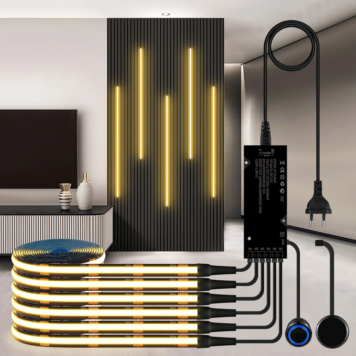 Acoustic Wood Grille Curtain Wall Panel LED Light Strip Black PCB COB Kit Double Touch Sensor Dimmable Switches ,No Hole Install
