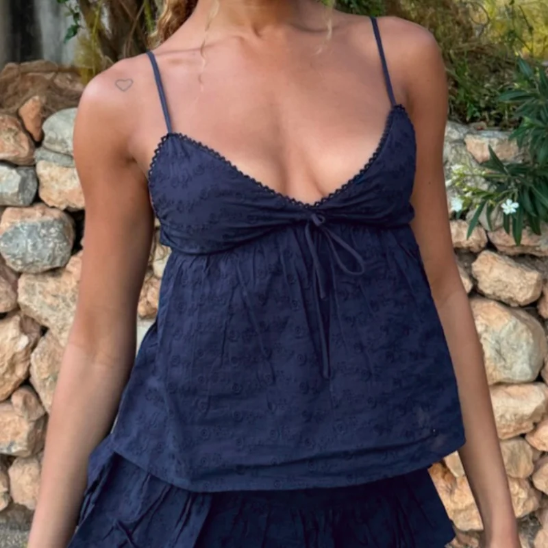 Women Y2K Floral Babydoll Cami Top Bow Tie Fairy Grunge Spaghetti Strap V Neck Peplum Shirt Lace Up Going Out Camisole