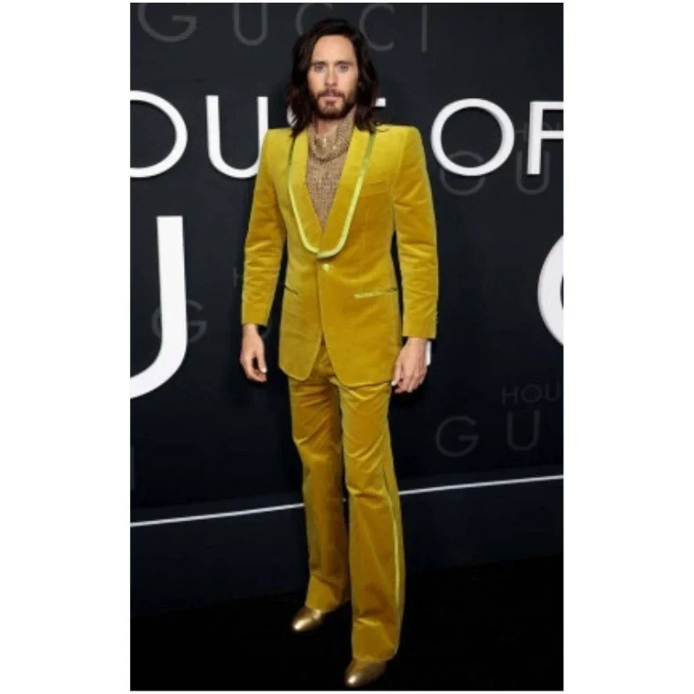 Prom Suits for Men 2024 Groom Wedding Tuxedos Slim Fit Yellow Velvet Smoking Jacket with Pants Custom 2 Pcs Male Fashion Costume