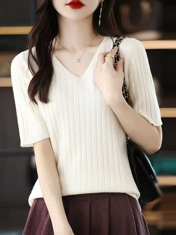 Slimming Five-Quarter Sleeve Knitted Sweater Thin Ladies' Outerwear Simple Style Early Spring New Arrival Versatile Commute F...