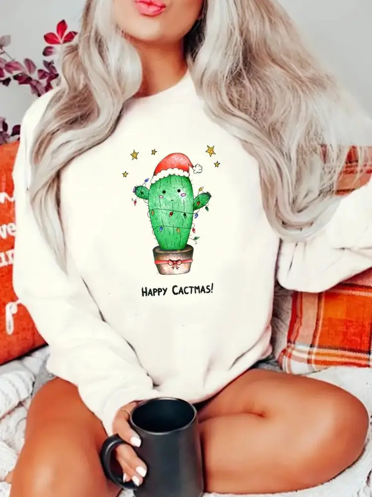

Cactus Plant Trend Cute Christmas Holiday New Year Clothes Fashion Ladies Women Clothing Graphic Pullovers Print Sweatshirts