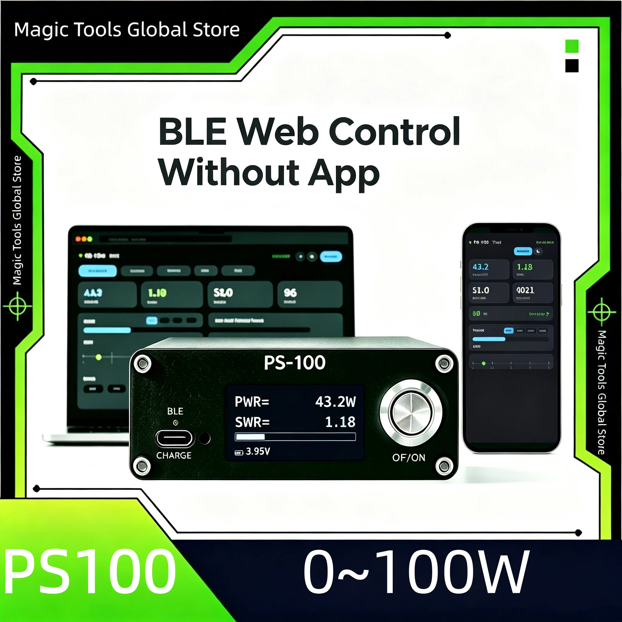 PS100 Digital SWR Power Meter 0‑100W HAM Radio Tester PEP Peak Hold BLE 5 OLED Rechargeable Battery