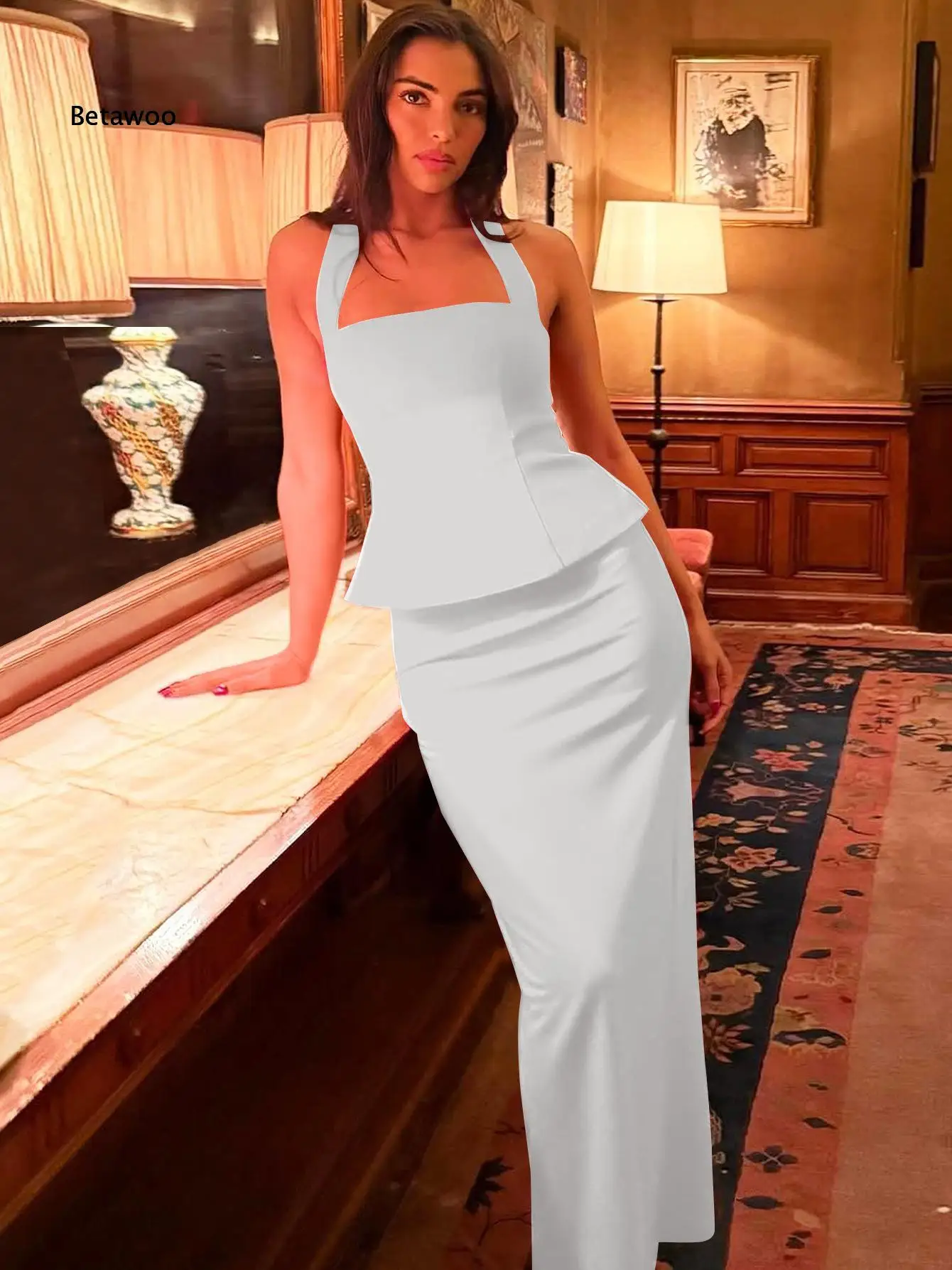 2 Piece Outfit Set Solid Halter Neck Backless Top And Slim Fit Long Skirt For Women Elegant Outfit For Wedding Guest Vacation