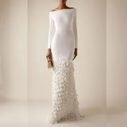 Fashion Evening Dresses Boat Neck Long Sleeve Pleat Floor Length Gowns Formal Occasion Elegant Women Prom Dress Vestidos