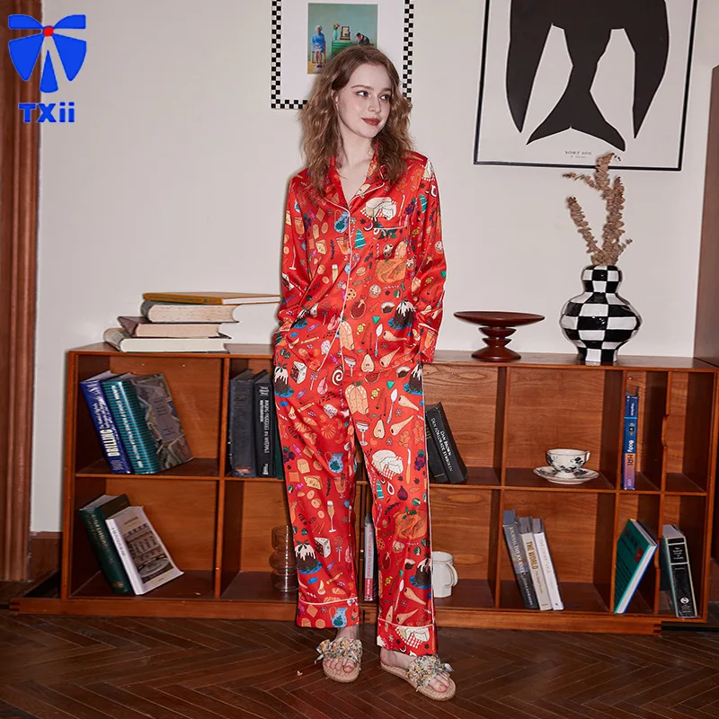 【Orange Dessert】comfortable Ice Silk Pajamas Women High-end Sense ins Style Lapel Spring/Summer Long Sleeve Home Suit 24