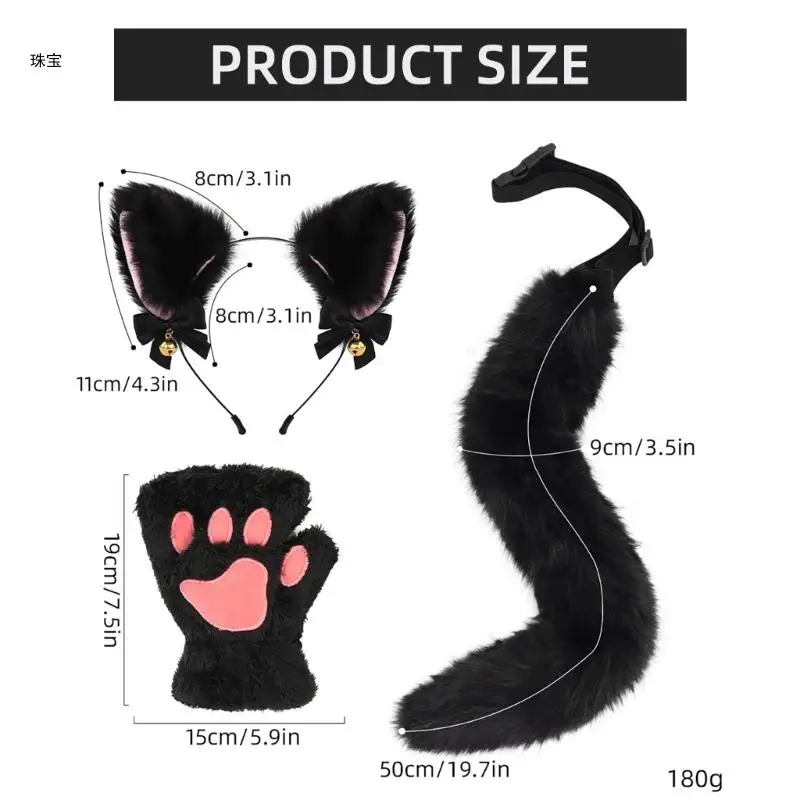 3-delige katten verkleedkostuumset met hoofdband, staart, handschoenen, dierenkostuumaccessoires voor meisjes Halloween Cosplay