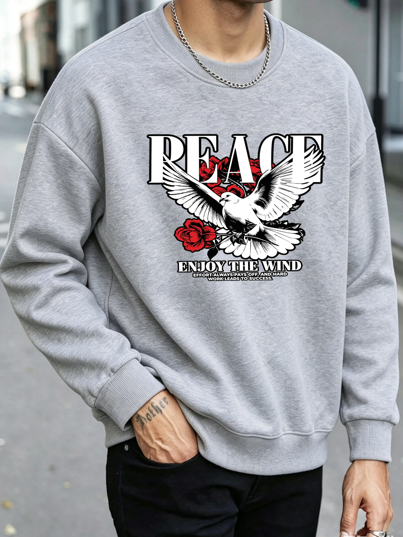 Peace Dove Rose Enjoy The Wind Printed Sweatshirt Men Autumn Loose Sportswear Hipster Soft Pullover Fashion Hip Hop Clothing