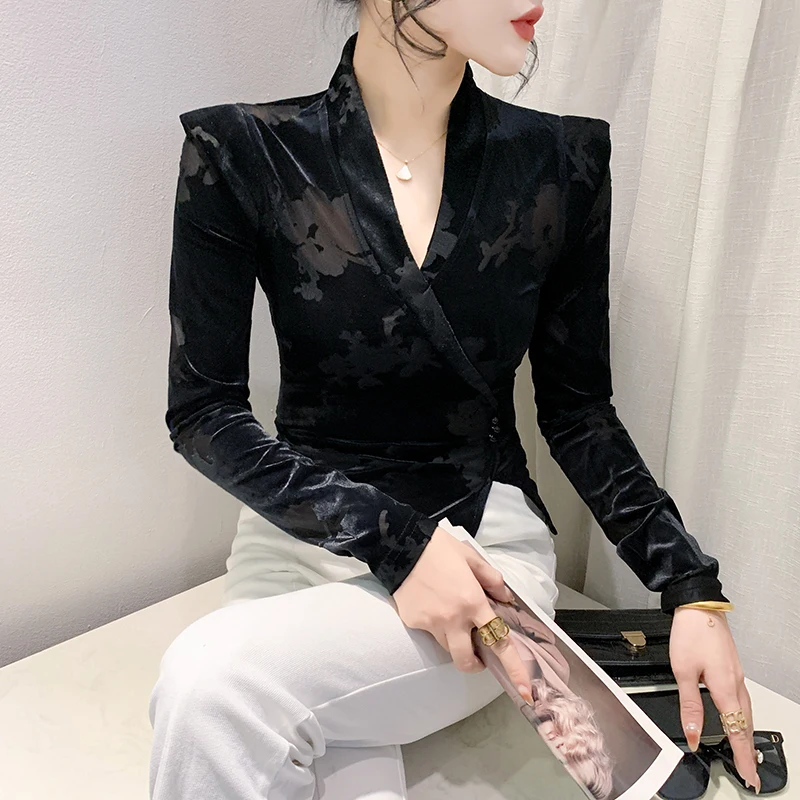 MadBlack European Clothes Shirts Women Sexy V Necks Irregular Velour Slim Tops Long Sleeve Workwear Blouses Spring T42754JM