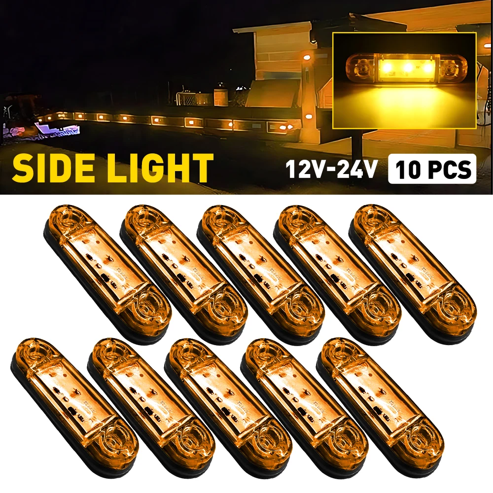 

10Pcs 12/24V Yellow 3-LED Amber Lens Side Marker Lights For Trailer Trucks Cars Side Clearance Warning Indicator Lamp Universal