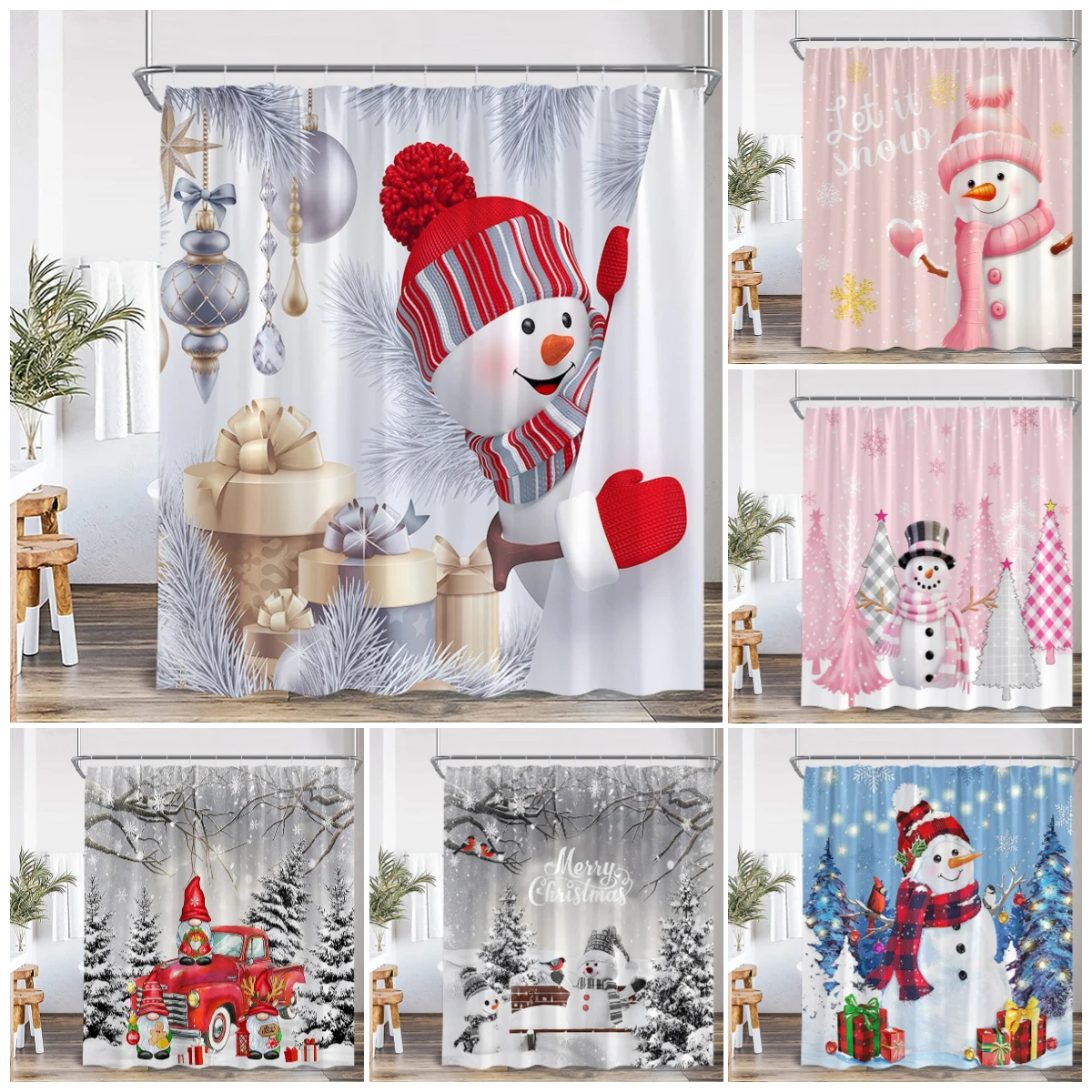 Funny Snowman Shower Curtain Silver Pine Branches Winter Forest Cedar Red Truck Elf Christmas Bath Curtains Home Bathroom Decor