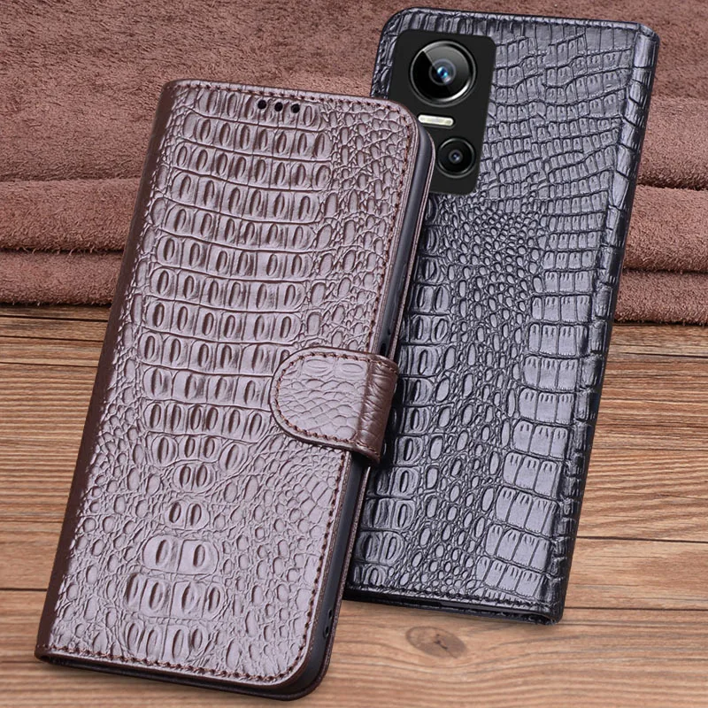 

Luxury Lich Genuine Leather Flip Phone Cases For Oppo Realme Gt Neo3 Neo 3 Real Cowhide Leather Shell Full Cover Pocket Bag Case