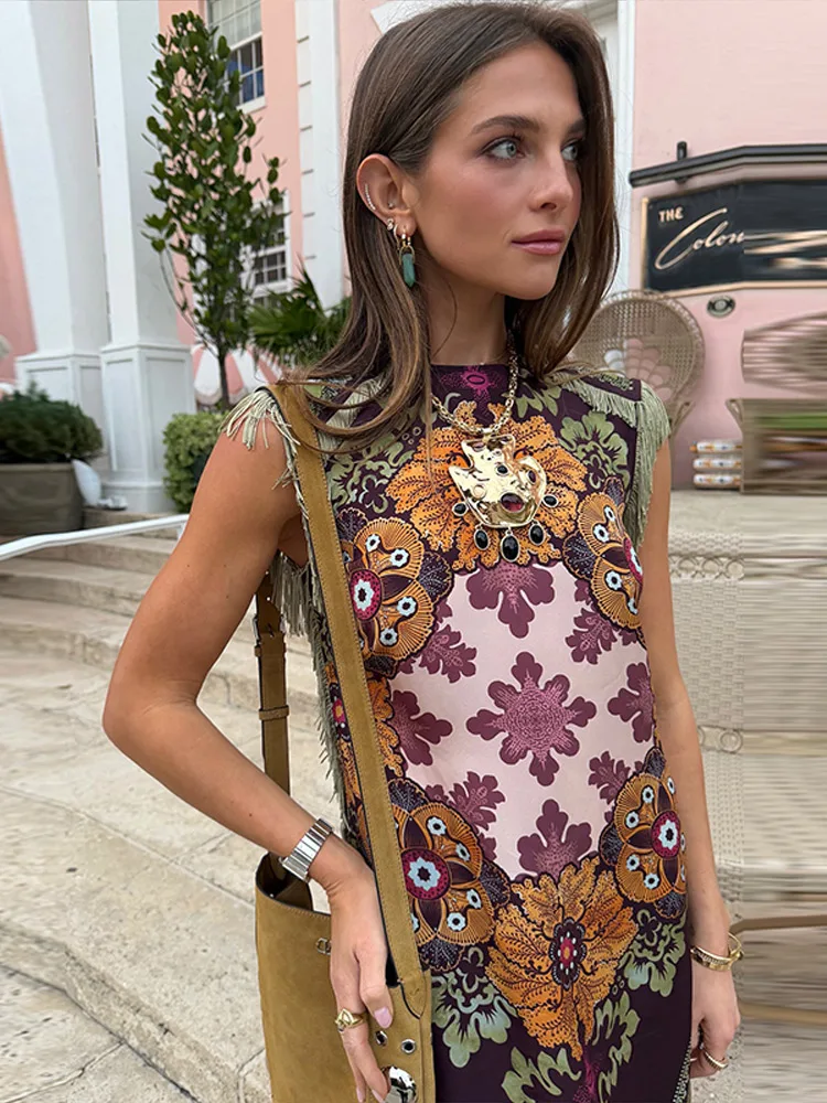 Damen-Abendkleider mit Druckmuster und Quasten, Ärmellos, Asymmetrisch, Langes Kleid im Boho-Stil, O-Ausschnitt, Seitenschlitz, Schlankes Partykleid, Neu – Detail 8