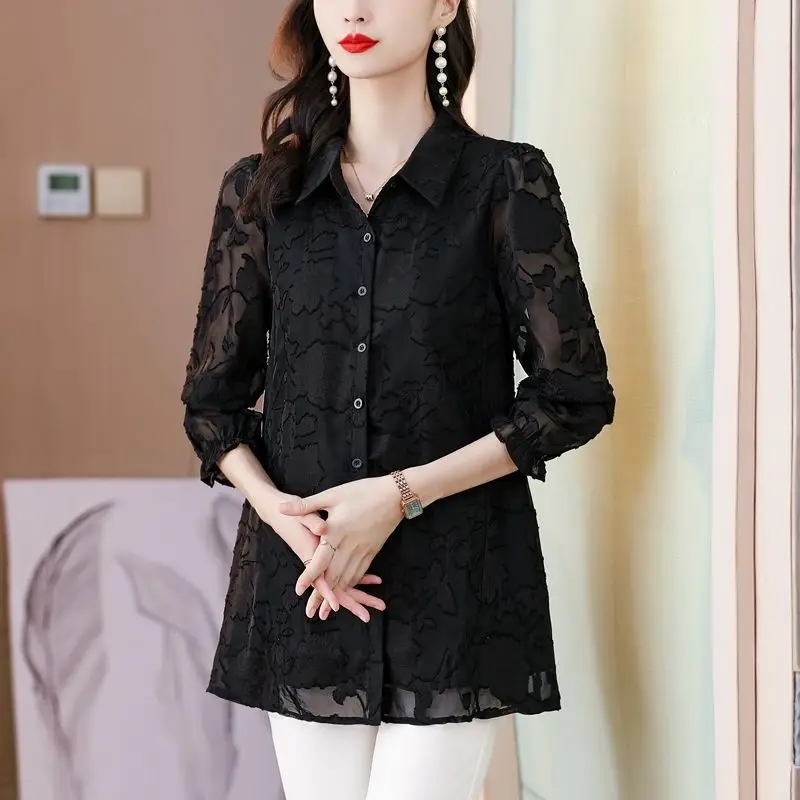 Camisa feminina sexy de malha pura com botão de renda, blusa casual elegante senhora do escritório, blusa preta de manga longa solta, moda coreana