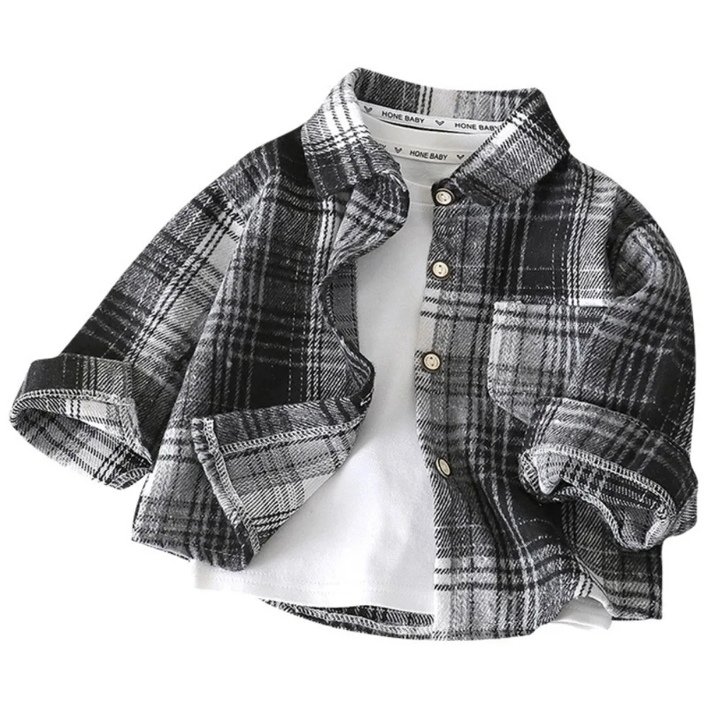 Long Sleeve Long Sleeve Shirt Contrast Color Lapel Collar Button Down Jacket Plaid Pattern Vintage Style Plaid Shacket For Girls