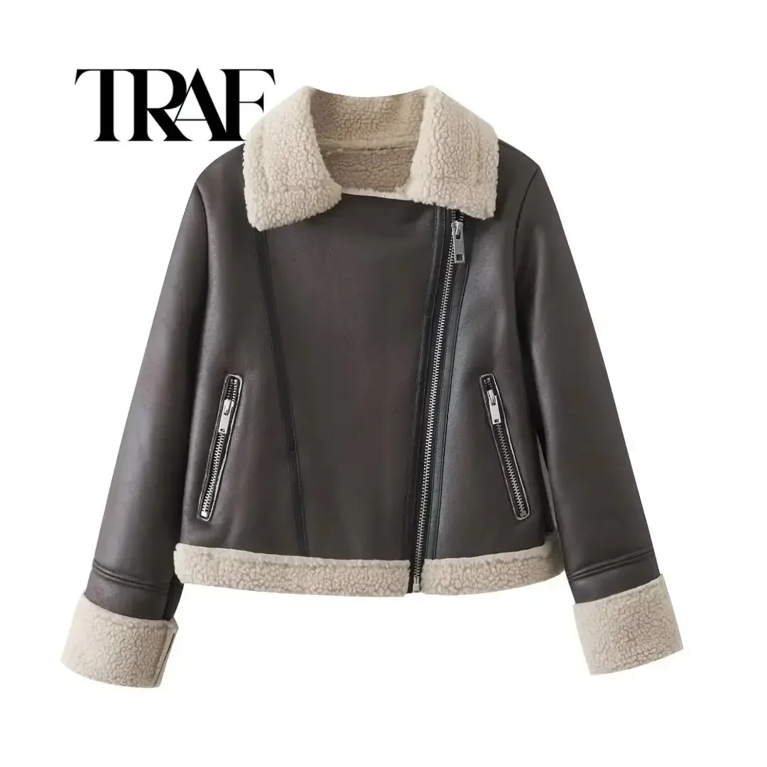 

TRAF Warm Women Fleece Thick Jackets 2024 Winter Fashion Ladies Vintage Faux Leather Jacket Casual Female Smart Short Outerwear